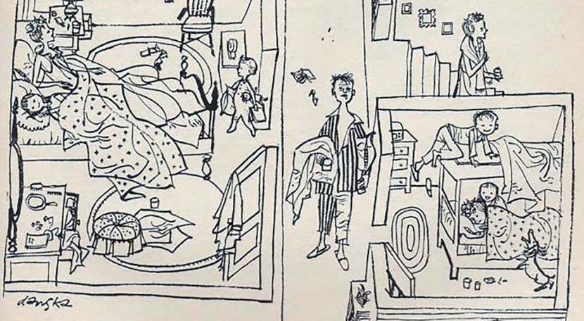 Ilustración de Herbert Danska para «La noche en que todos tuvimos la gripe», Harper's , enero de 1952.